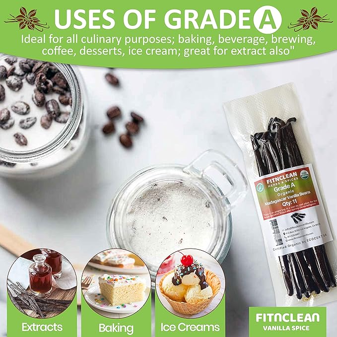 11 Madagascar Organic Vanilla Beans Grade A. Certified USDA Organic. ~6" by FITNCLEAN VANILLA for