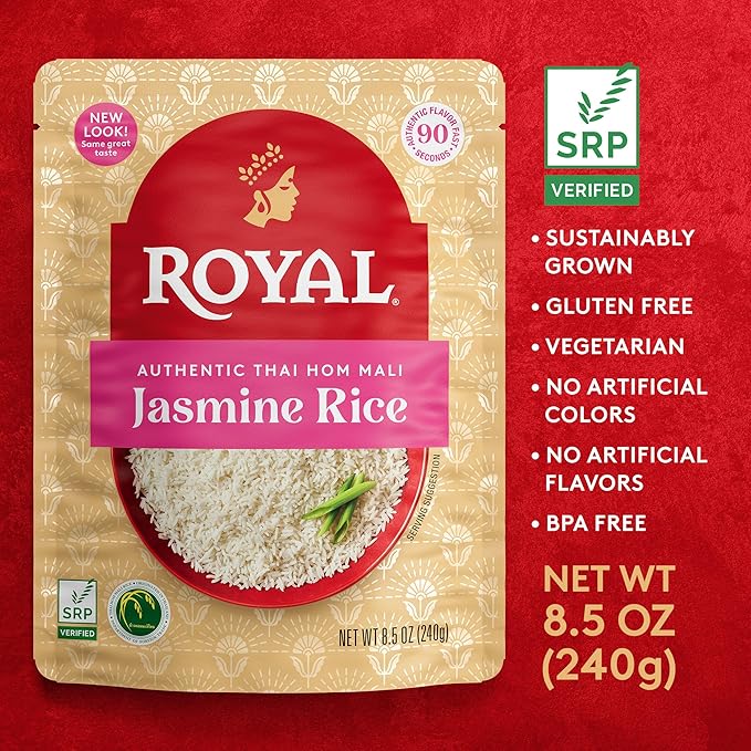Royal Authentic Thai Hom Mali White Jasmine Rice - Microwave Rice - Dinner Side Dish - (4 Pack) 8.5
