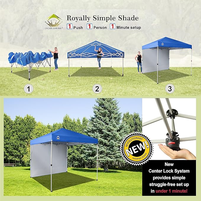 CROWN SHADES 8x8 Pop Up Canopy with 1 Side Wall - Beach Tent with One Push Setup - Outdoor Sun