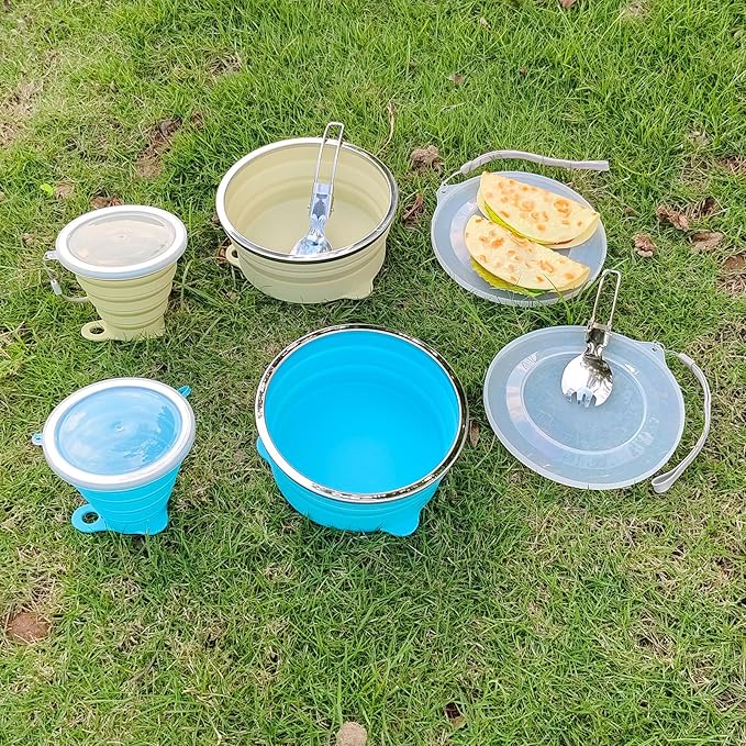 Mess Kit for Camping Silicone Collapsible Bowl Collapsible Cup and Stainless Steel Spoon for