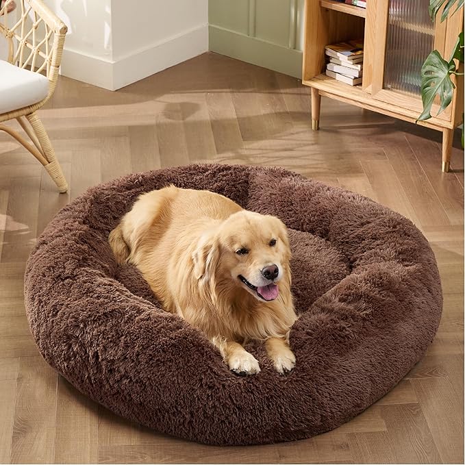 Bedsure Calming Dog Bed for Extra Large Dogs - Donut Washable Large Pet Bed, Anti-Slip Round Fluffy