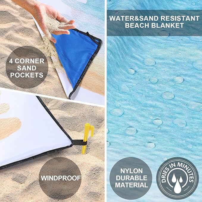 Beach Blanket Waterproof Sandproof Beach Mat 79" X 83"/10'x9'for 2-8 Adults Quick Drying Outdoor