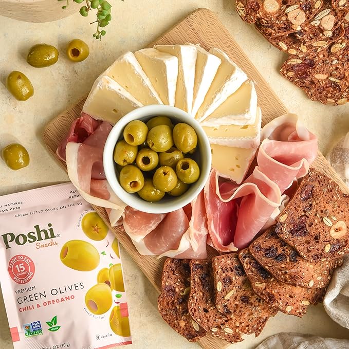 POSHI Green Pitted Olives - Chili & Oregano | Vegan, Kosher, Gluten Free + Keto Friendly, Fresh