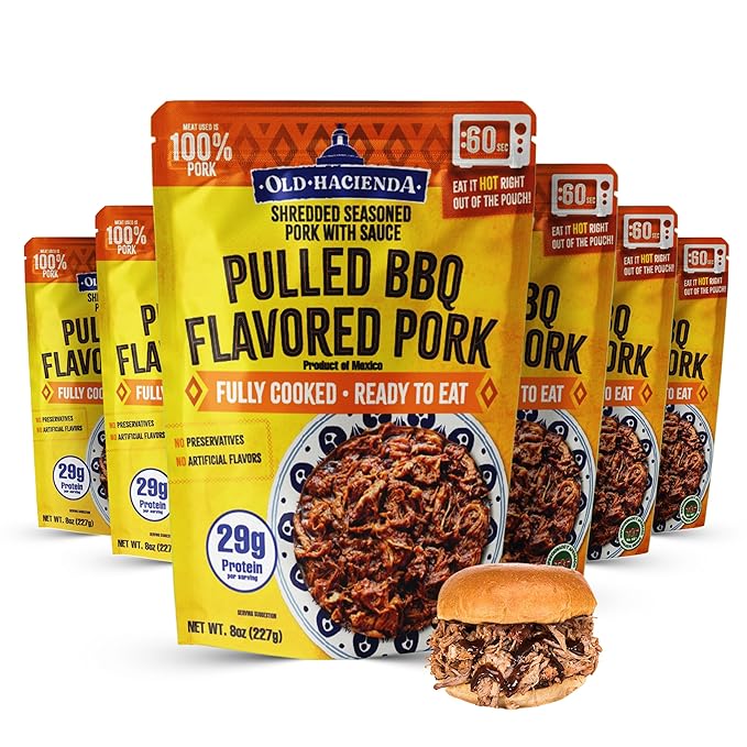 Old Hacienda Pulled BBQ Flavored Pork | 100% Shredded Seasoned Pork with Sauce | Fully Cooked &