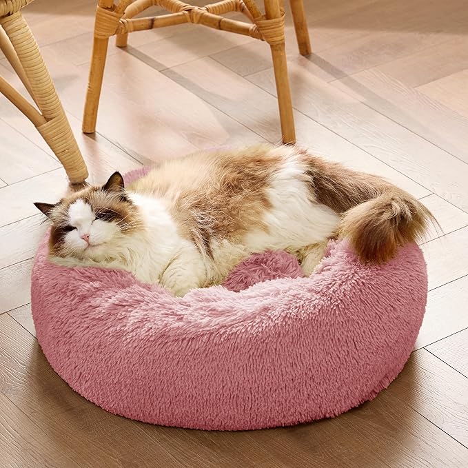 Bedsure Calming Cat Beds for Indoor Cats - Small Cat Bed Washable 20 inches, Anti-Slip Round Fluffy
