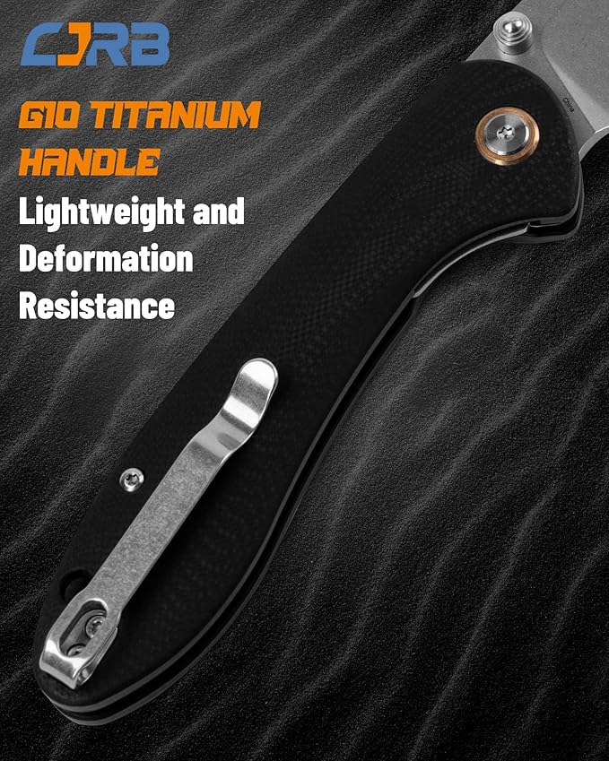 CJRB Feldspar Folding Knife - Stonewash D2 Steel Blade, G10 Tactical Handle, EDC Pocket Knife