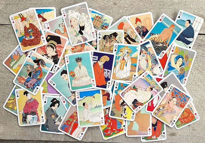 Vintage Japan Playing Cards (Poker Deck 54 Cards All Different) Vintage Japan Engraving Watercolor