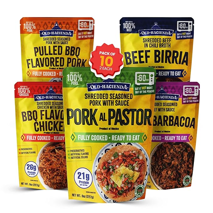 Old Hacienda 10-Pack Variety | 2 Each of Beef Barbacoa, Beef Birria, Pork al Pastor, BBQ Flavored