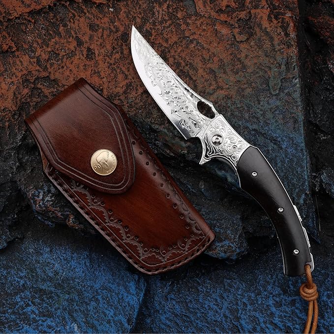 3.5 inch Japanese VG10 Damascus Steel Outdoor Folding Knife with Black Wood Handle, Lined Lock, EDC
