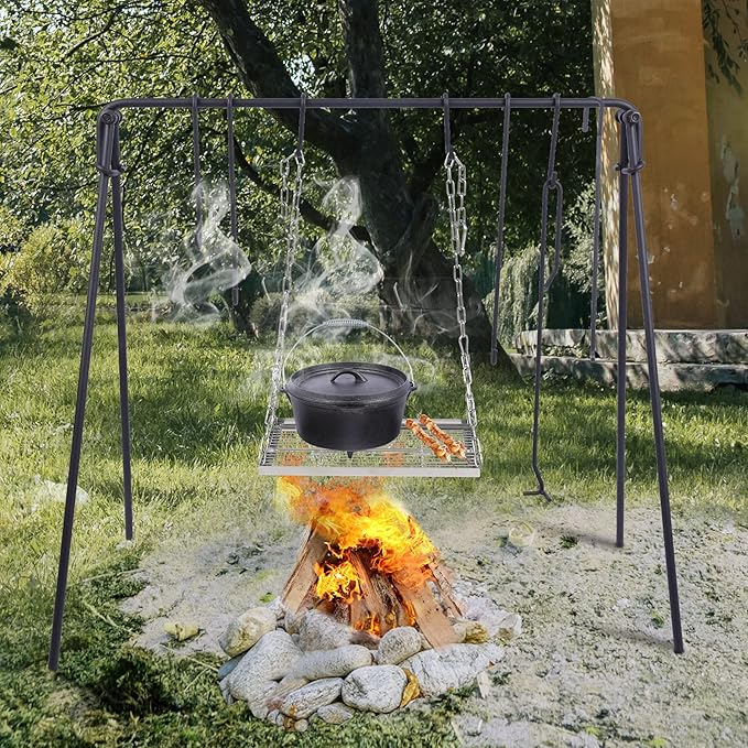 Lineslife Grill Swing Campfire Cooking Stand with Adjusatble Stainless Steel Grill Grate