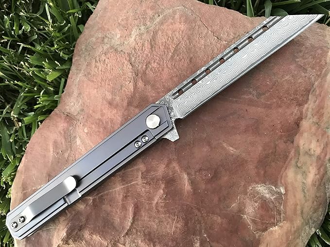 TACTICAL GEARZ Damascus Pocket Knife for EDC, Solid Titanium Handle, 67 Multi-Layered Damascus