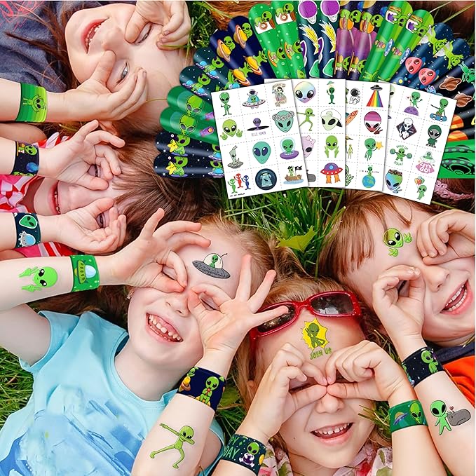 72 PCS Alien Party Favors 48 Tattoos Sticker and 24 Slap Bracelets Wristbands Perfect for Space