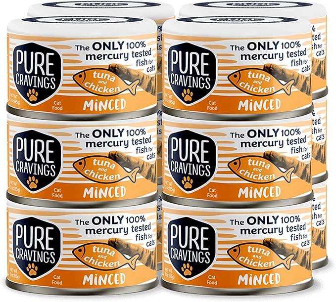 Pure Cravings Minced Tuna and Chicken Wet Canned Cat Food, 100% Mercury-Tested, Moist Can Fish for