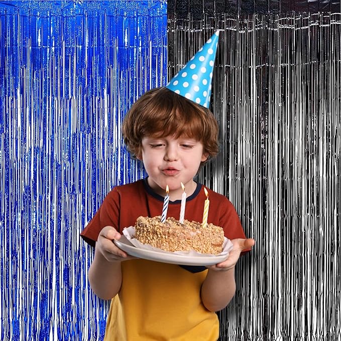 Foil Fringe Curtain Party Decorations - Black Blue Metallic Tinsel Photo Booth Backdrop Party