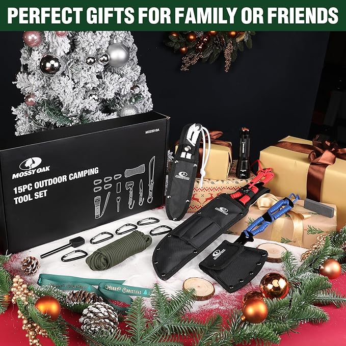 Mossy Oak Hatchet and Machete Knife Set with Sheath, One-Piece Axe & Hunting Knives with Paracord
