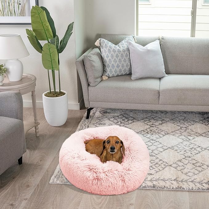 Best Friends by Sheri Original Calming Donut Dog and Cat Bed, Shag Faux Fur, Cotton Candy Pink