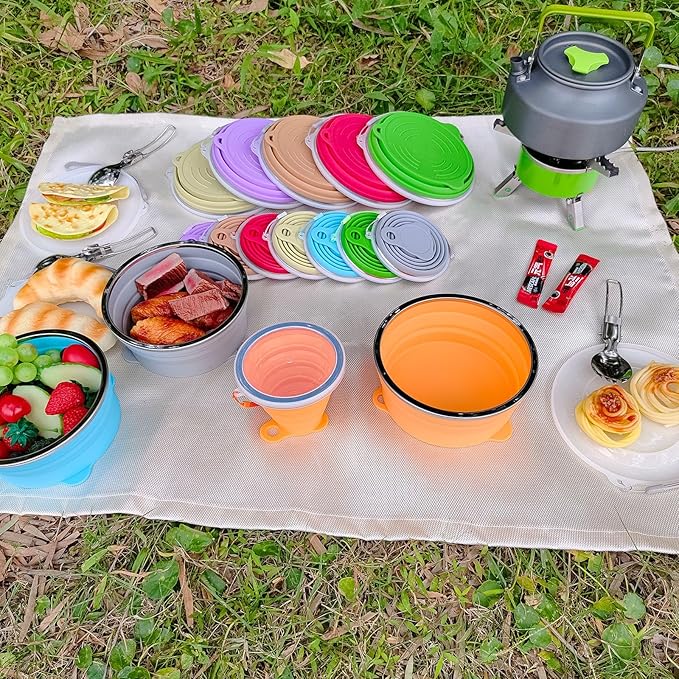 Mess Kit for Camping Silicone Collapsible Bowl Collapsible Cup and Stainless Steel Spoon for