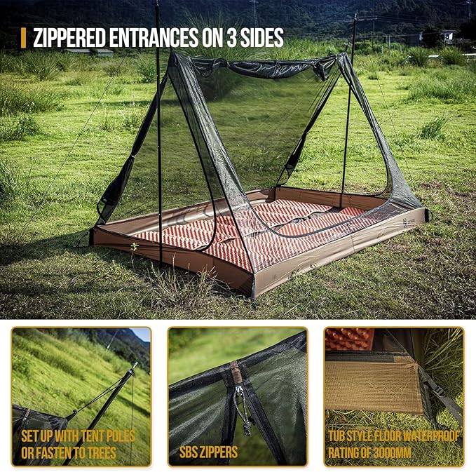 OneTigris 2 Person Mesh Tent, 3 Openings Screen Shelter with Waterproof Bathtub Floor for Outdoors