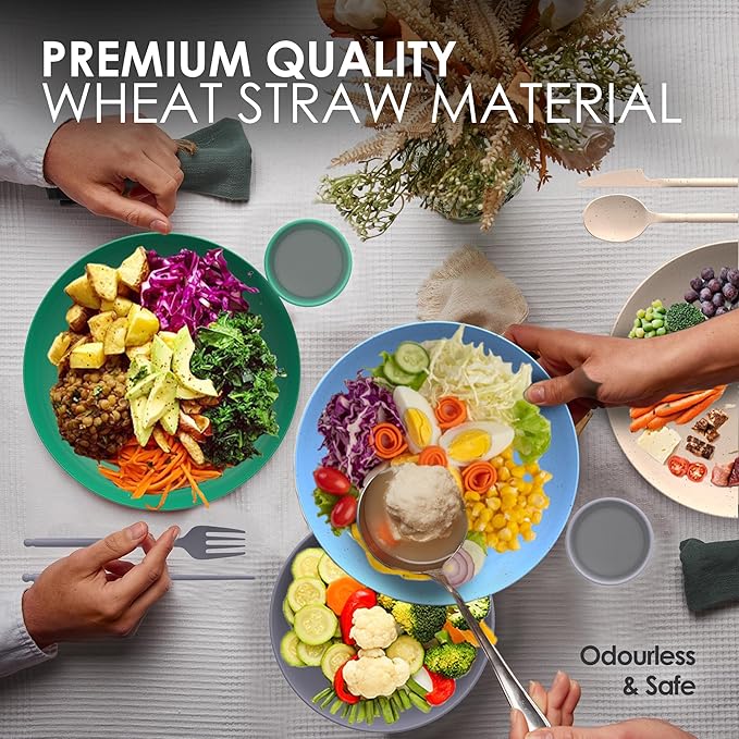 Wheatstraw Dinnerware Set for 4 - Camping Dishes & Utensils - Microwavable Plates - Alternate To
