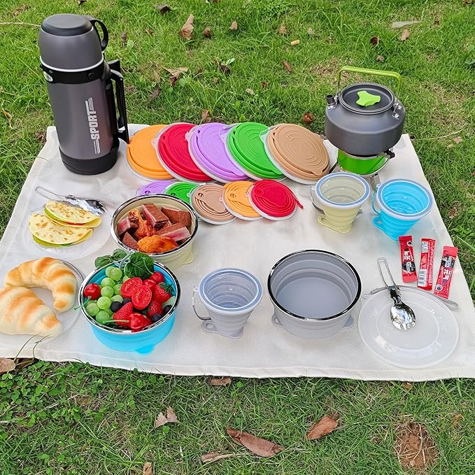 Mess Kit for Camping Silicone Collapsible Bowl Collapsible Cup and Stainless Steel Spoon for