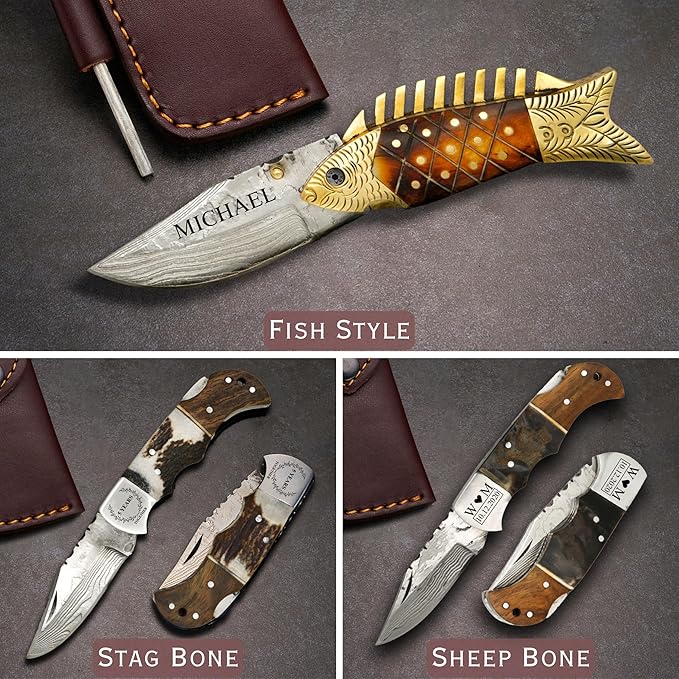 Personalized Folding Knife - Damascus Olive-Brown Pocket Knife, Custom Gift for Husband, Boyfriend