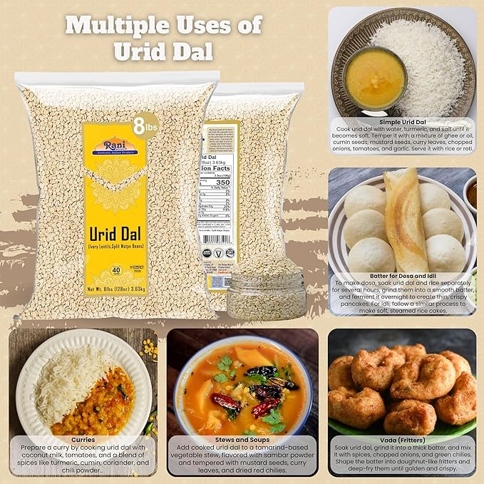 Rani Urid/Urad Gota White (Matpe Beans Skinless) Indian Lentils 128oz (8lbs) 3.63kg Bulk ~ All