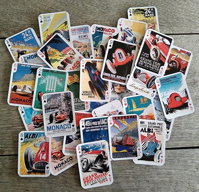 CAR Racing Playing Cards (Poker Deck 54 Cards All Different) Vintage Retro Car Racing Travel Posters