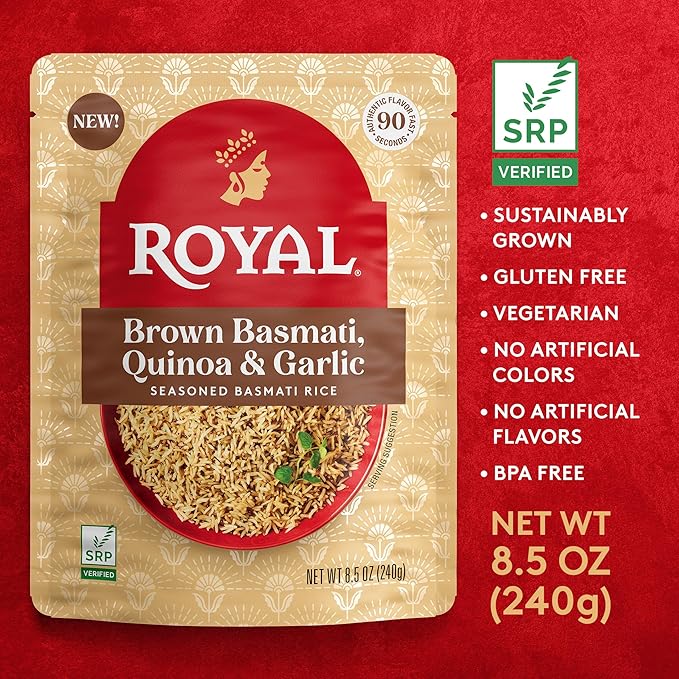 Royal Basmati Brown Rice with Quinoa and Garlic - Ready to Heat Basmati Rice - (6 Pack) 8.5 oz