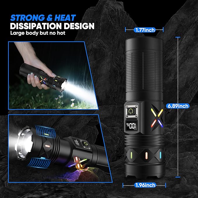 Flashlights High Lumens 3000 Rechargeable Long Range, Super Bright LED Flashlight Long Running 15H