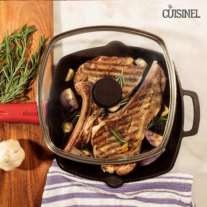 Cuisinel Cast Iron Square Grill Pan + Glass Lid + Pan Scraper + Handle Cover - 10.5" Pre-Seasoned