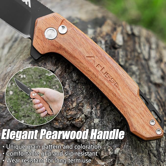 FLISSA Pocket Folding Knife, 3.2??D2 Blade Wood Handle EDC Knife with Button Lock and Pocket Clip