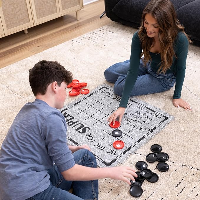 3-in-1 Vintage Giant Checkers Set, Tic Tac Toe with Reversible Mat, 24 Jumbo Chips, Family Board