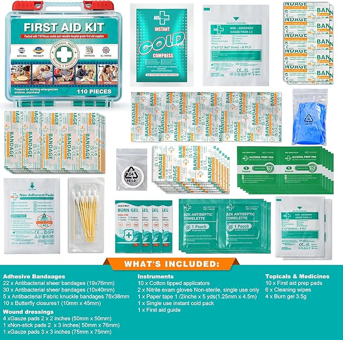 General Medi 110 Pieces Small First Aid Kit - HardCase First Aid Box - Contains Premium Medical