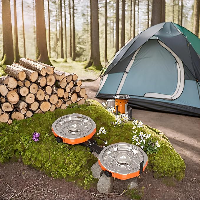 20,000 BTUs 2 Burner Propane Camping Stove, Portable Folding Camp Stove with Adjustable Burners