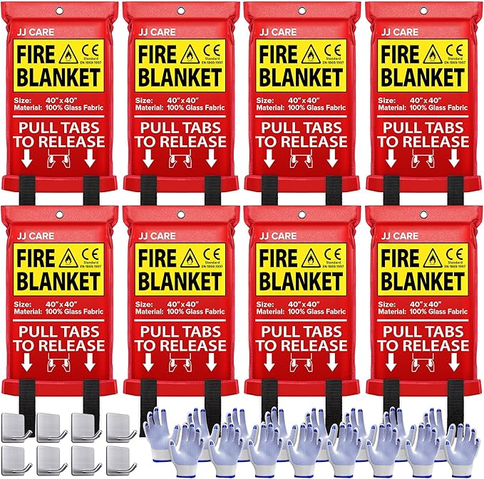 JJ CARE Fire Blanket ??8 Packs with Hooks and Gloves ??Emergency Fire Blanket for Home & Kitchen