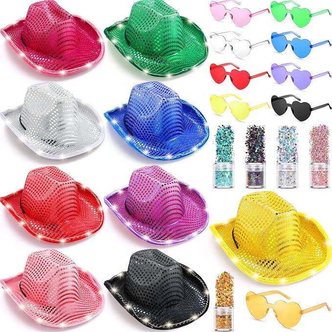 Coume 23 Pcs Cowboy Light up Hat Bulk Flashing Holographic Cowgirl Hats with Heart Sunglasses for