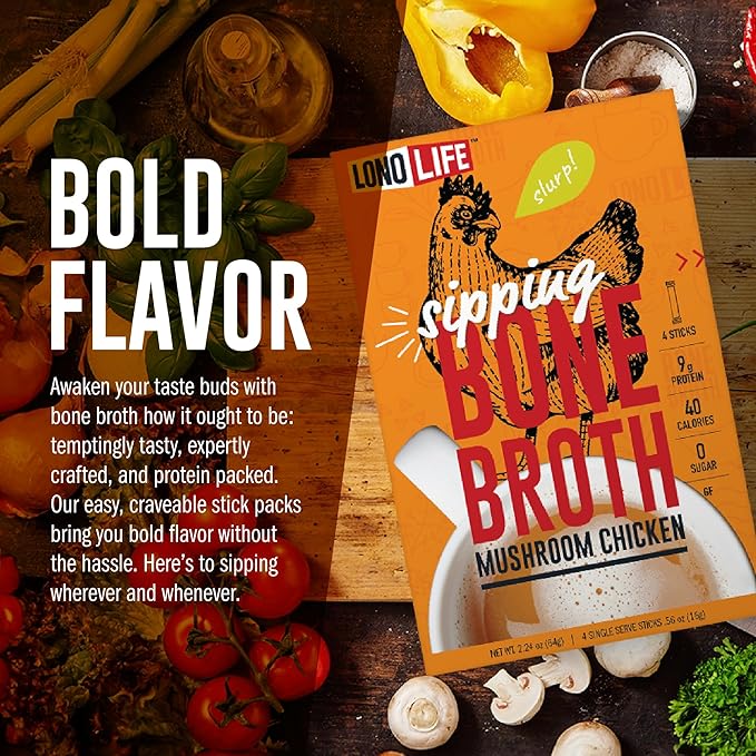 LonoLife Mushroom Chicken Bone Broth Powder Mix | 10g Protein | Collagen-Rich, Keto & Paleo