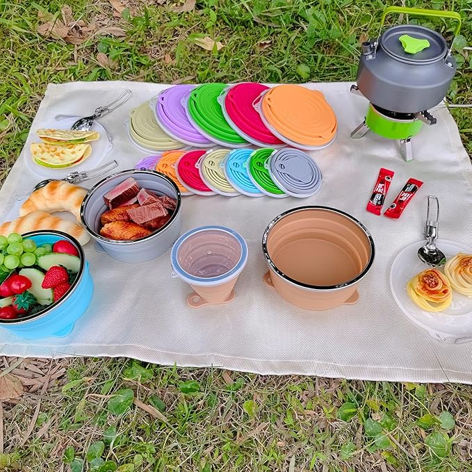 Mess Kit for Camping Silicone Collapsible Bowl Collapsible Cup and Stainless Steel Spoon for