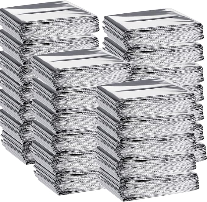 Macarrie 100 Pack Emergency Thermal Blankets Silver Foil Survival Blanket Kit for Outdoors