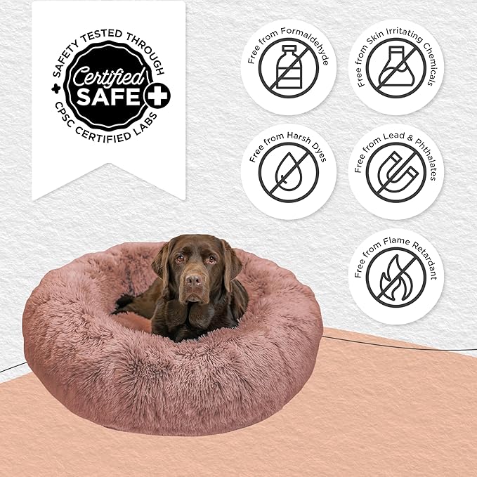 Best Friends by Sheri Original Calming Donut Dog and Cat Bed, Shag Faux Fur, Dusty Rose, (36in x