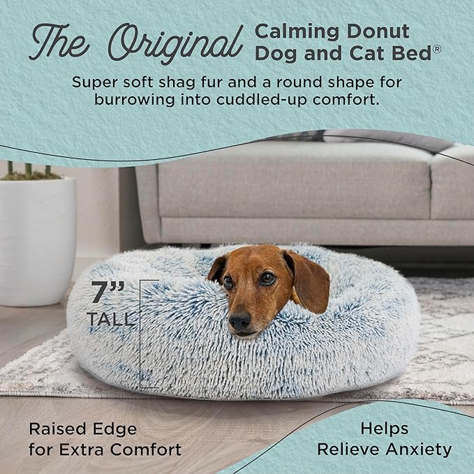 Best Friends by Sheri Original Calming Donut Dog and Cat Bed, Shag Faux Fur, Denim Blue, (23in x