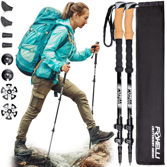 Foxelli Carbon Fiber Trekking Poles – Lightweight Collapsible Hiking Poles with Cork Grips, Quick
