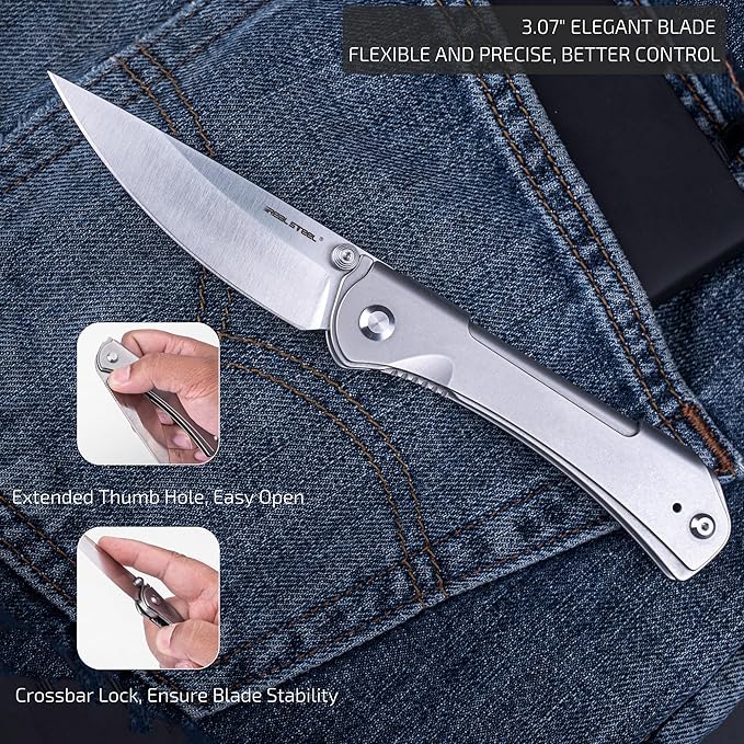 REALSTEEL SYLPH Folding Pocket Knife, Liner Lock, 3.07" Nitro-V Steel Satin Plain Blade, Thumb