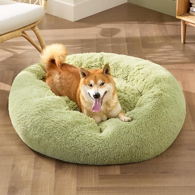 Bedsure Calming Dog Bed for Medium Dogs - Donut Washable Medium Pet Bed, Anti-Slip Round Fluffy