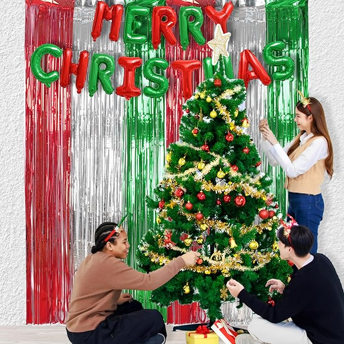 BRAVESHINE 2 Pack Fringe Backdrop Red Silver Green Christmas Party Decorations 3.2 x 6.6 ft Tinsel