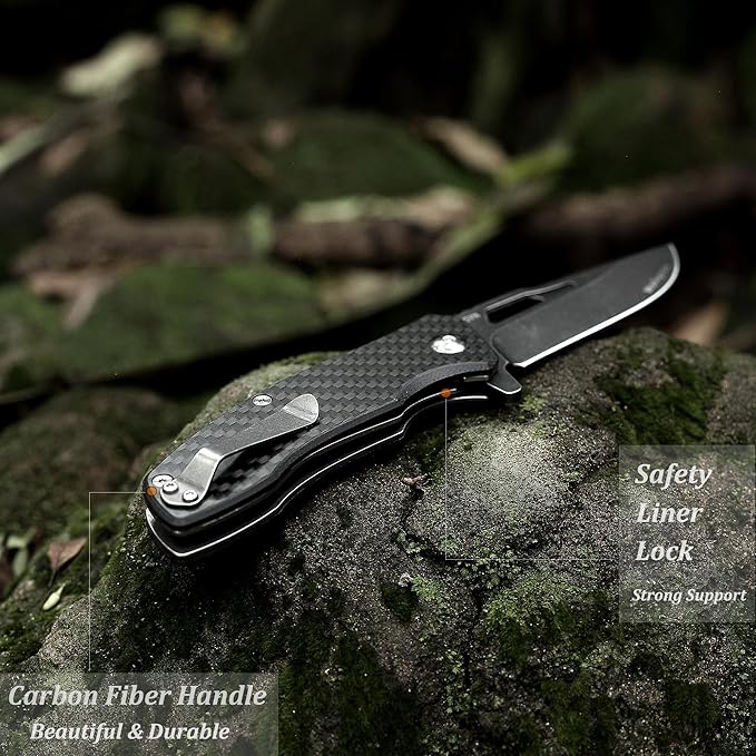 Folding Tactical Knife - Carbon Fiber Handle Liner Lock, S35VN Powder Steel Sharp Blade - 3.35''