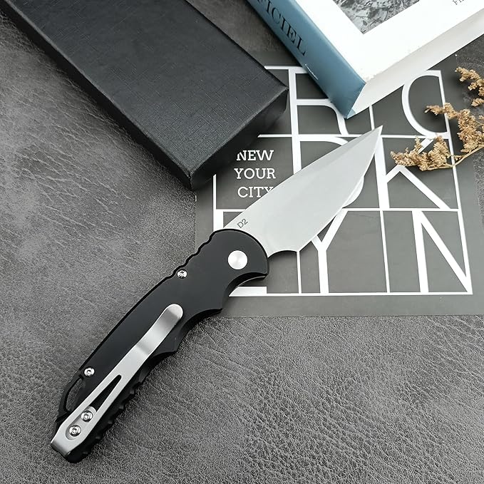 HUAAO 7.5??Assisted Opening Push Button Folding Pocket Knife, 2.8??D2 Blade Aluminum Alloy Handles