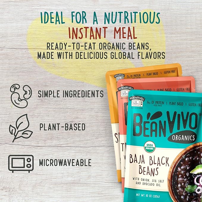 BeanVIVO - Variety 3 Pack (10 oz each) - Organic Baja Black Beans, Three Bean Vegan Chili, BBQ