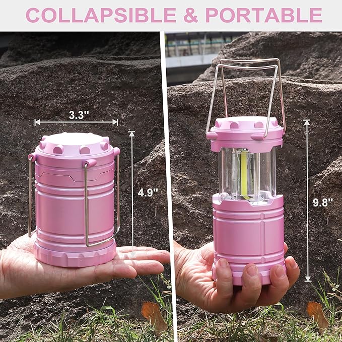 2-Pack LED Pink Camping Lanterns, Portable Camping Lights, Outdoor Handled Lamps, Essential