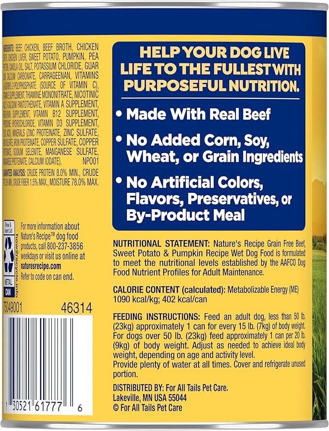 Nature's Recipe Grain Free Wet Dog Food Beef, Sweet Potato, and Pumpkin Recipe, 13 oz. Can (Pack of